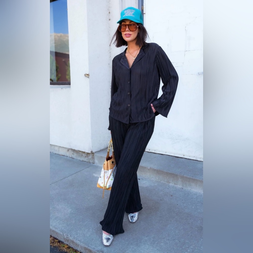 DRESSED IN LALA Black Pleated Button-Up Shirt and Pants Set, size L